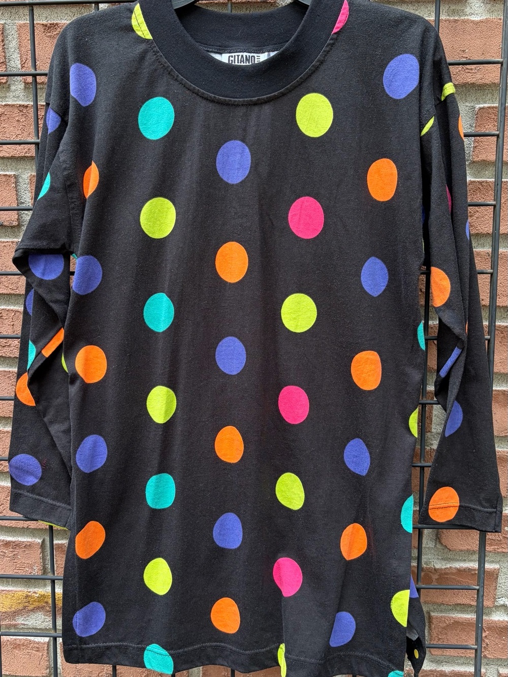 Vintage Gitano Black Long Sleeve Tee with Multicolor Polka Dots